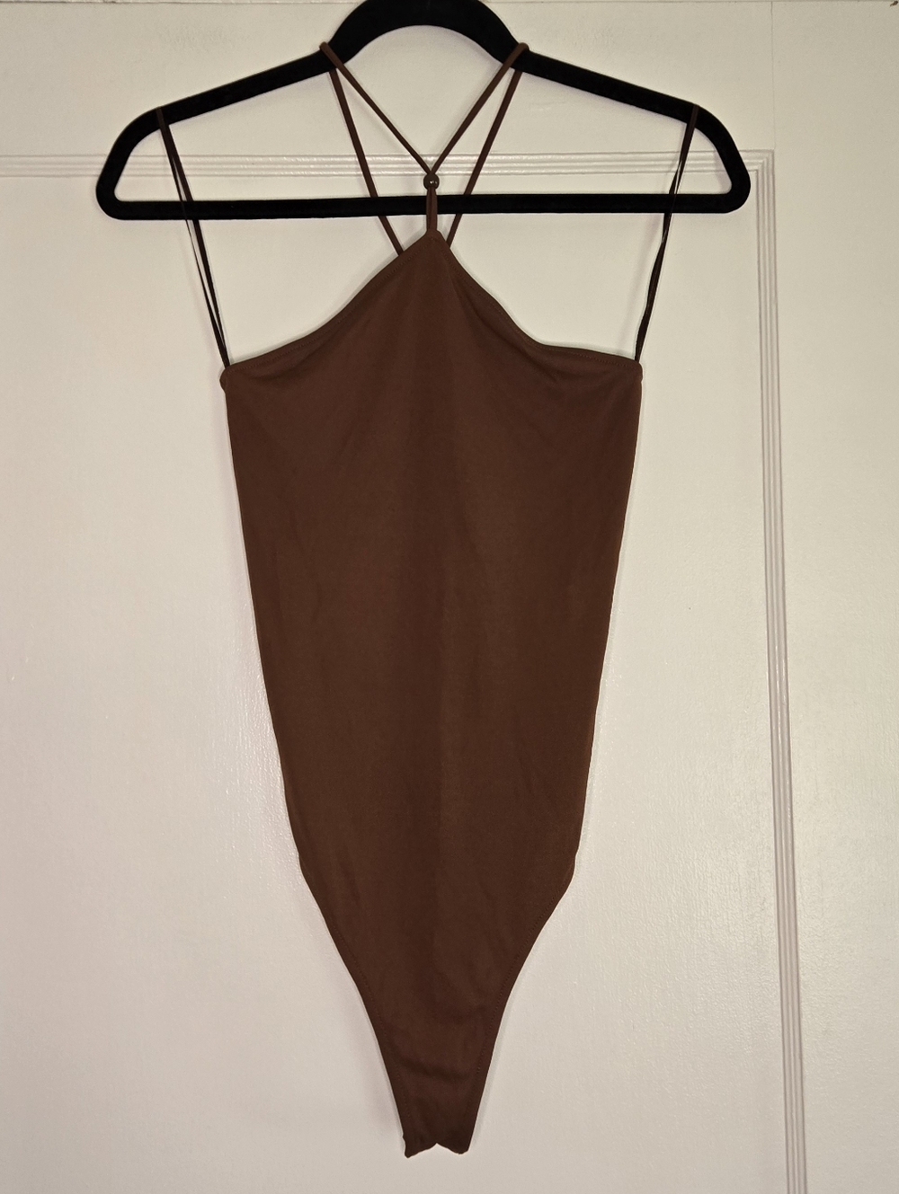 Zara Brown Sleeveless Bodysuit Womens Small Classic Stretch Snap‑Closure Top